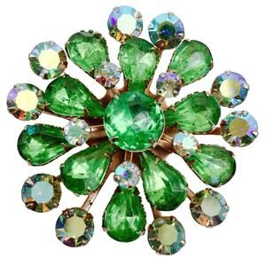 Classic VTG Mid Century Green Rhinestone Brooch Aurora Borealis Floral Pin 1950s